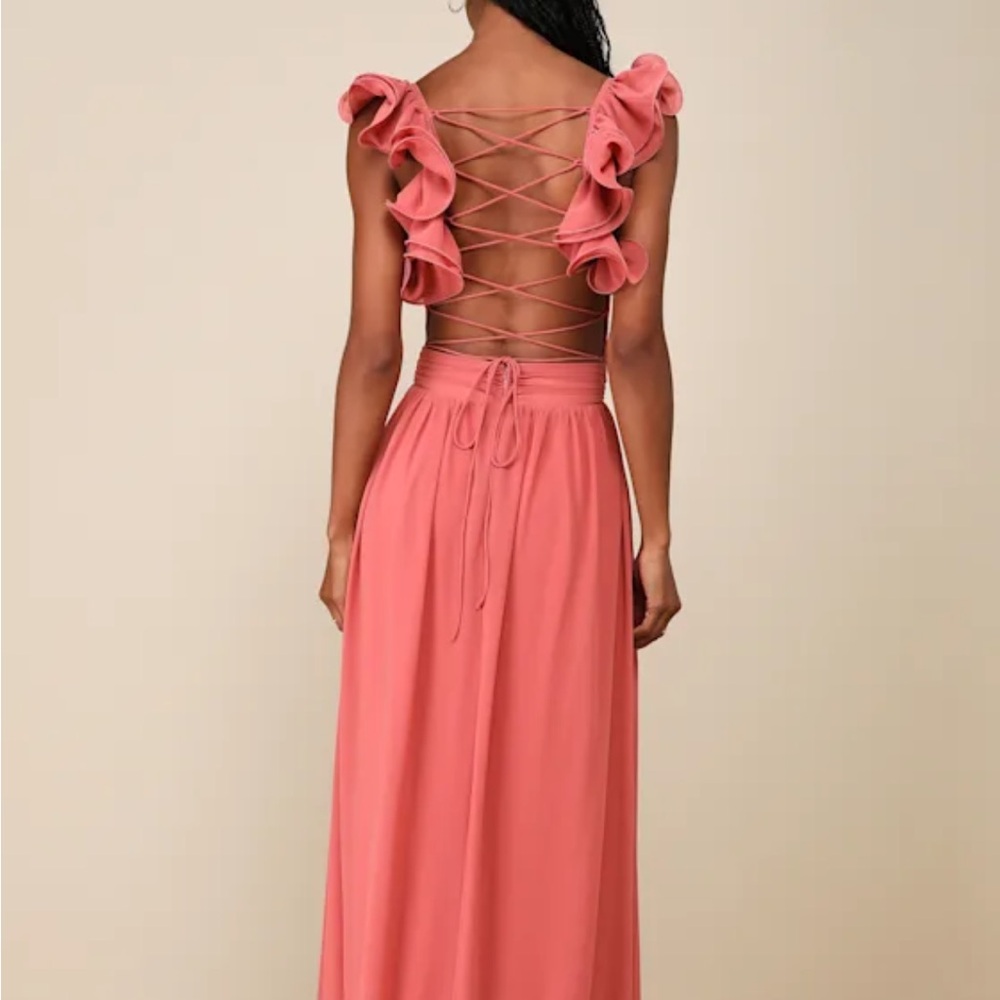 Lulu's Coral Pink Ruffle-Back Maxi Dress